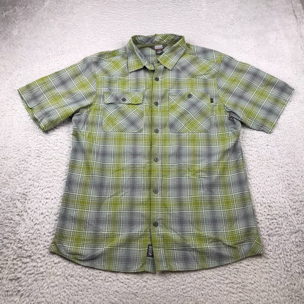 Outdoor Research Rooftop Short Sleeve Shirt Mens L Green/Gray Plaid Button Up
